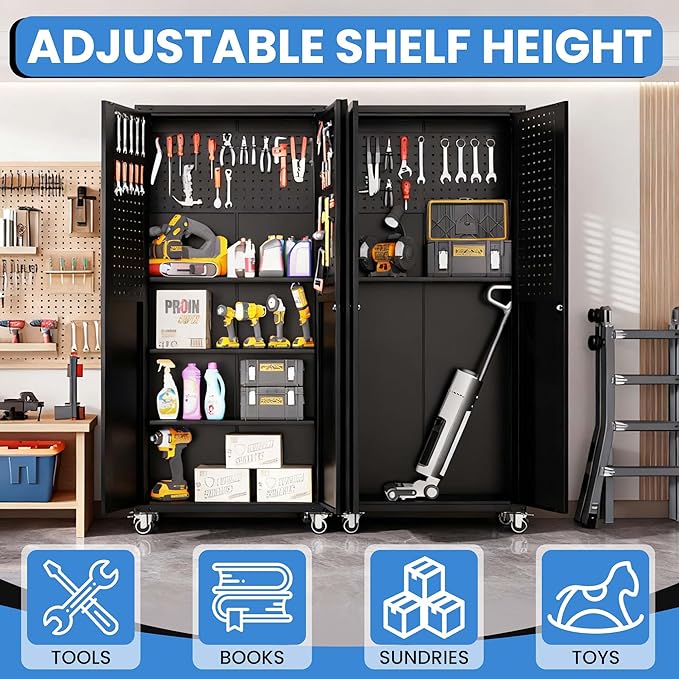 BIZOEIRON Garage Metal Storage Cabinet with Pegboard, 71'' Tall Storage Cabinet with Adjustable Shelves and Doors, Rolling Tool Cabinet on Wheels for Garage, Utility Room (Black)