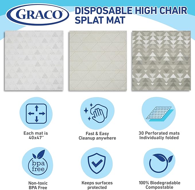 Graco Baby Disposable Splat Mats – 60 Count, 47" x 40", Biodegradable Floor Protector for Mealtime, Under High Chair, Home & Restaurant Use, Port Design