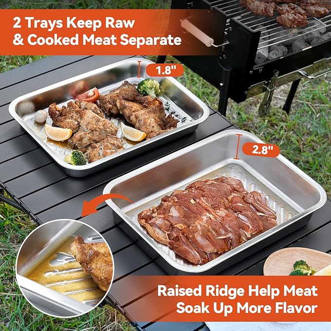 BLAZPATH 5-in-1 Grill Prep Trays and Carry System, Grilling Prep and Serve Trays, Stainless Steel BBQ Meat Marinating Container with Lid and Cutting Board, Large Grilling Meal Carrying Box Accessories