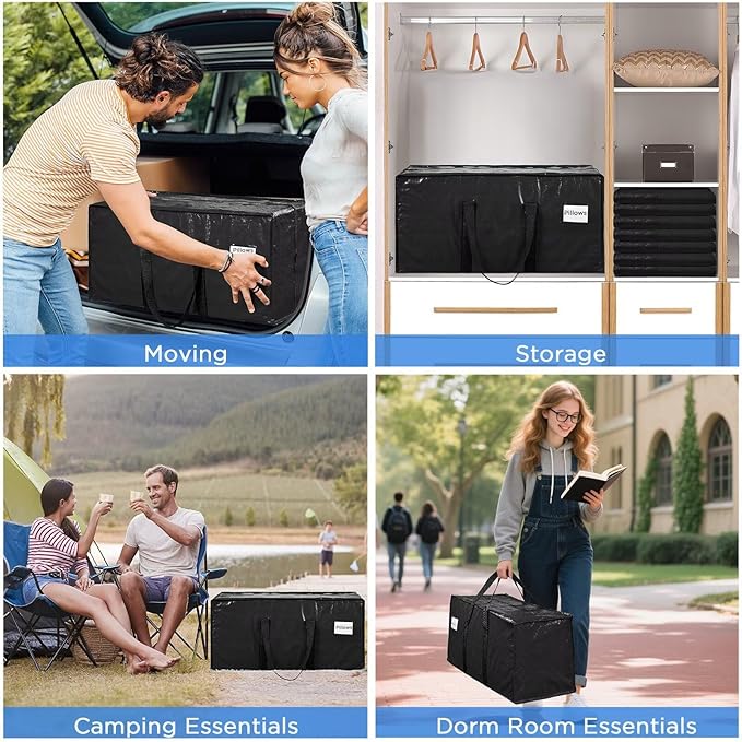 8 Pack Extra Large Moving Bags Heavy Duty Storage Bags with Zipper Handles, BETU Clothes Storage Totes Bins Packing Moving Boxes, Moving Supplies for College Dorm Essentials, Space Saving, Black
