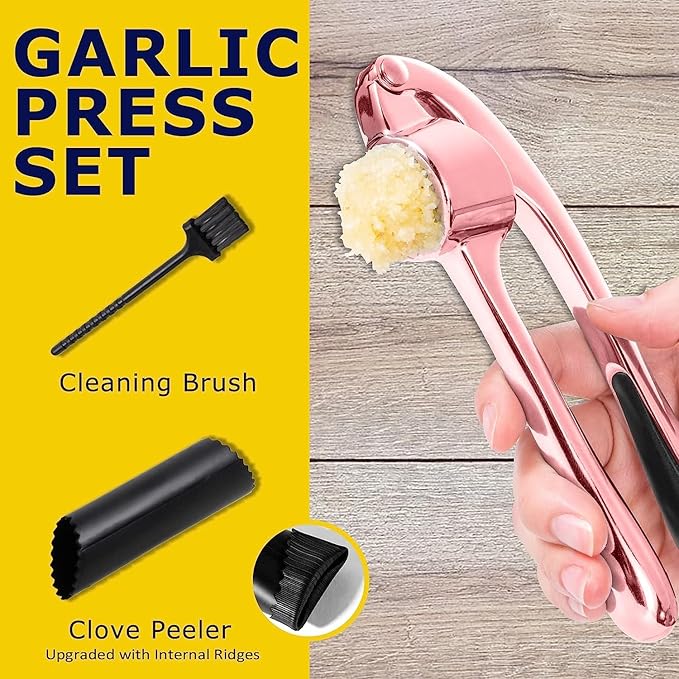 Premium Garlic Press Stainless Steel - Elevate Your Culinary Experience with Our Premium Garlic Mincer, Crusher & Peeler Set, Dishwasher Safe & Rust-proof (Rose Gold)
