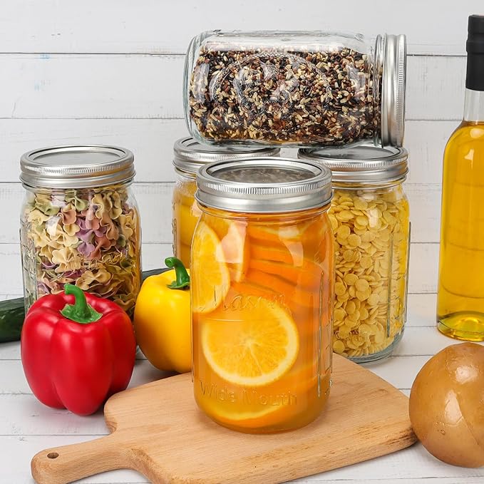 CycleMore Wide Mouth Mason Jars 32 oz, 12 Pack Large Glass Mason Jar with Metal Airtight Lids and Bands, 1 Quart Canning Jars for Pickling, Fermenting, Food Storage & DIY Projects