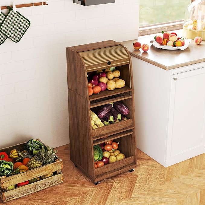 Movable Potato and Onion Storage Bins Box, Mid Century Modern Fruit and Vegetable Basket Storage with Sliding Door and Wheels, Food Kitchen Pantry Cabinet, Wooden Bread Storage, Walnut, Flip-top