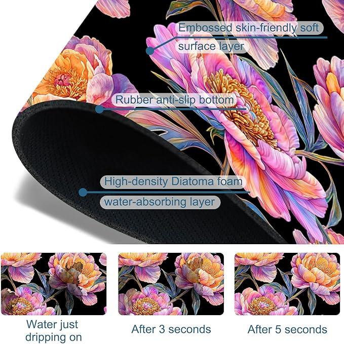 Colorful Peonies Sink Faucet Absorbing Mat Blooming Peonies Super Absorbent Fast Drying Mat Sink Gadgets Behind Faucet Sinkmat for Kitchen Bathroom, 23.5"x5.5"