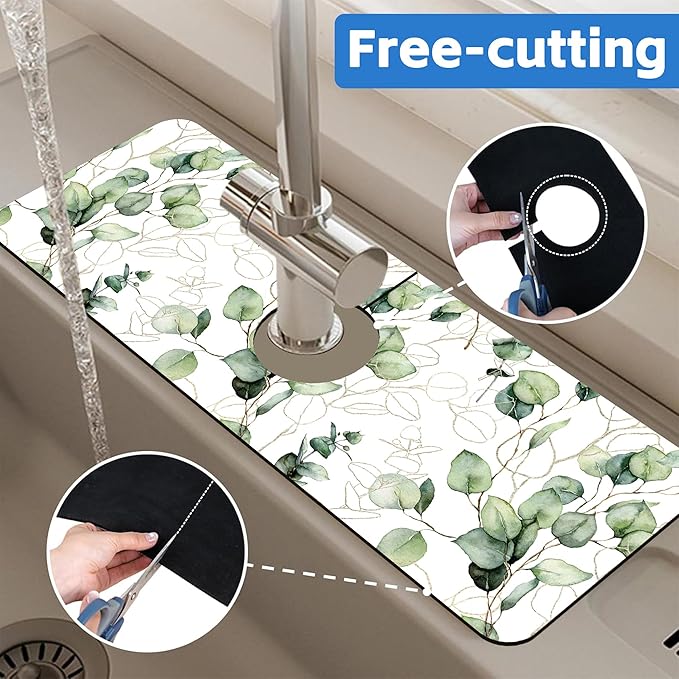 Watercolor Gold Eucalyptus Branch Dish Drying Mat for Kitchen Sink Splash Guard Behind Faucet Sink Mat Absorbent Fast Drying Faucet Draining Mat for Bathroom Kitchen 5.5"×15"