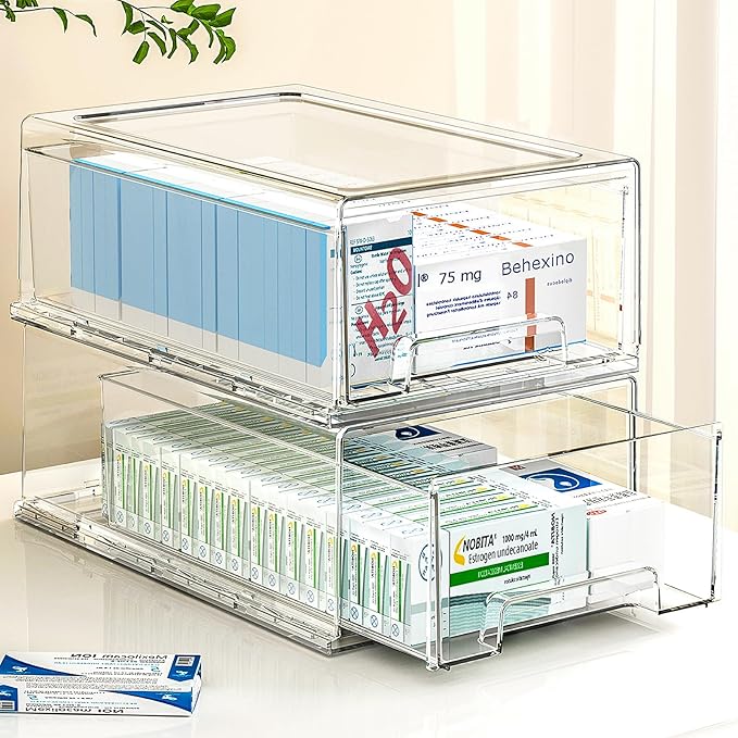 clear Drawer-Type Plastic Storage Box Bins Organizer，Family First Aid Kits Medicine cabinet Box Organizer,Closet ，Shelf，Ointments, Adhesive Bandages，Cosmetics,Office Items (clear, 2L)