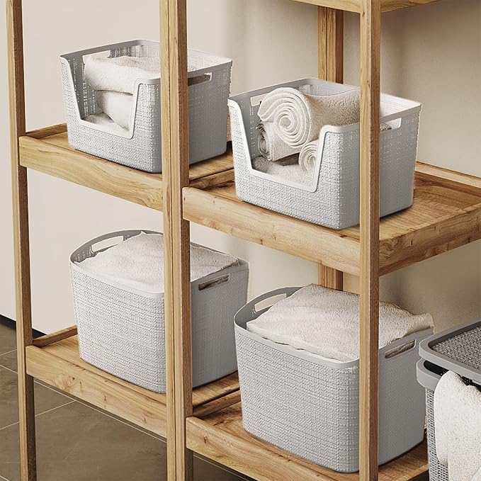 Curver Set of 2 XL 30.5L Jute Decorative Plastic Organization and Storage Baskets - Perfect Bins for Home Office, Closet Shelves, Kitchen Pantry and All Bedroom Essentials, White