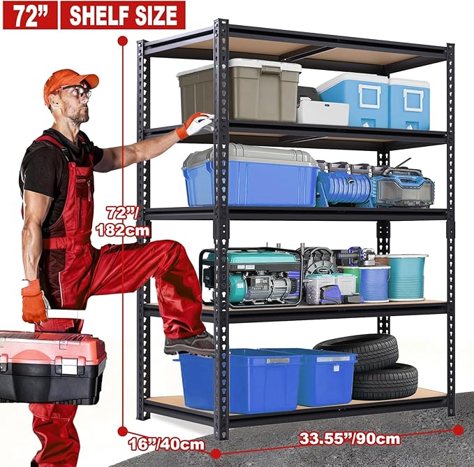 Storage Shelving Unit, 5 Tier Garage Shelves Heavy Duty, Adjustable Metal Shelving Unit,2400LBS Black for Pantry, Basement, Warehouse, Kitchen, Pantry and Closet,72''H