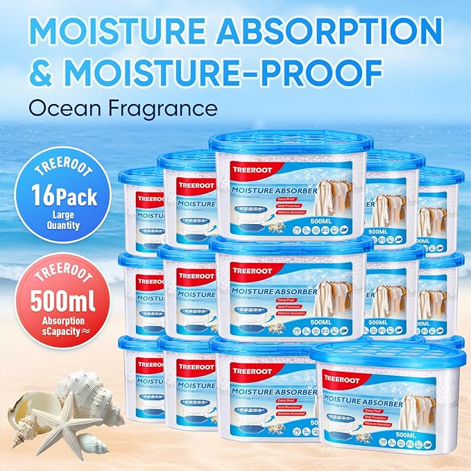 16 Pack Moisture Absorbers, 10.5 OZ Humidity Absorber Bucket, Moisture Absorbers for Closet, Dehumidifier Bucket for Wardrobes (Ocean Scent), Kitchens and Bathrooms