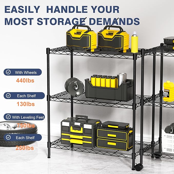 3-Tier Wire Shelf Rack,24" Dx14 Wx 30" H,Wire Metal Shelving with Lockable Wheels,Height Adjustable Storage Standing Shelves for Kitchen,Living Room,Laundry,Office,Pantry,Studio,Black