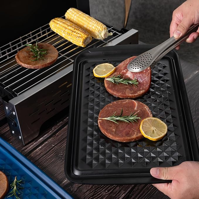 ZAROCRUS Melamine Grilling Prep and Serve Trays, Set of 2 Melamine Rectangular Serving Trays/Platters with Handle for Outdoor Parties and BBQ, Dishwasher Safe Food Tray,17''x10.5''. Blue and Black