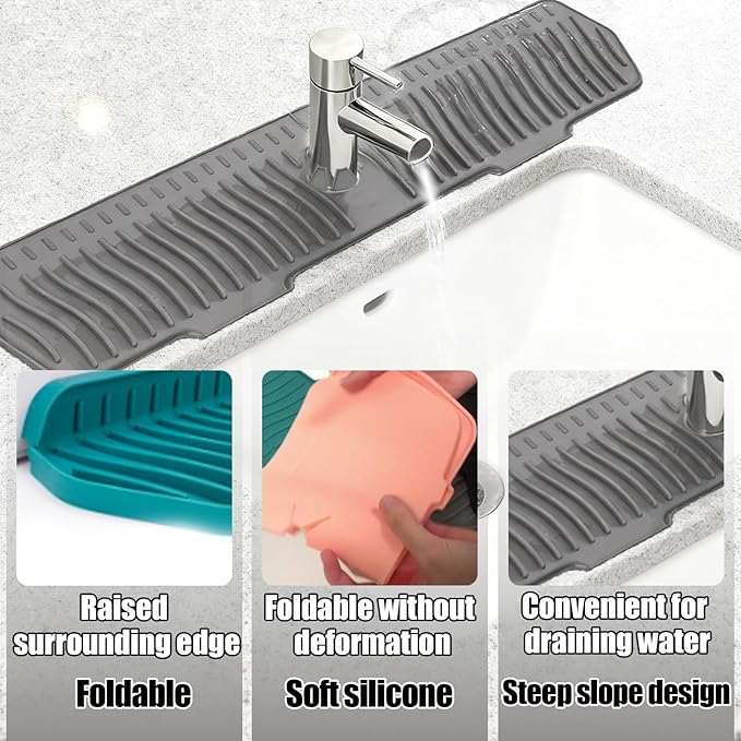Kitchen Sink Faucet Mat, 30" x 6'' Silicone Faucet Guard & Draining Mat, 90° Foldable Faucet Mat for Kitchen Sink with 2 Water Ports, Splash Guard Kitchen Sink Mat (Gray)