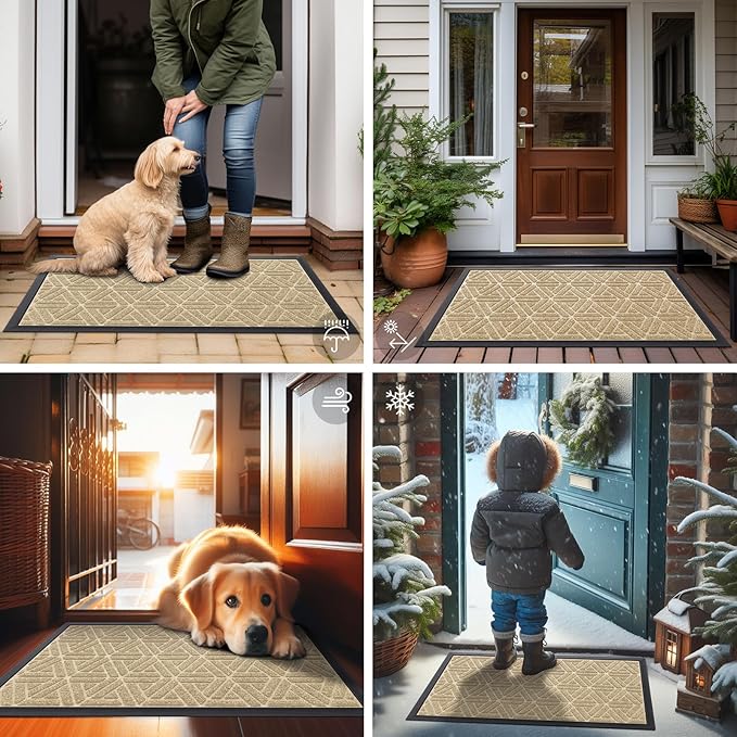 Smiry Front Door Mat Outside Entrance, Heavy Duty Sturdy Natural Rubber Doormat, Trap Dirt and Moisture, Easy Clean Low Profile Mats for Indoor Outdoor Entry, Grid Geometric (59x23, Beige)