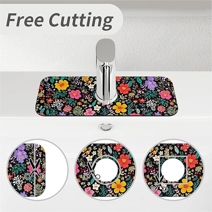 Kitchen Sink Splash Guard，Colored flowers and leaves Faucet Mat Sink Gadgets-Super Absorbent Fast Drying Mat Drip Catcher for Kitchen, Bathroom,Sink Mat, Dish Drying Mat, Bathroom(15" X 5.5" )