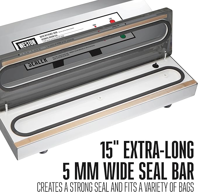 Weston Brands Vacuum Sealer Machine for Food Preservation & Sous Vide, Extra-Wide 5mm Bar for Sealing Bags up to 15" Wide, 1020 Watts, Commercial Grade Pro 2300, Stainless Steel (65-0220-W)