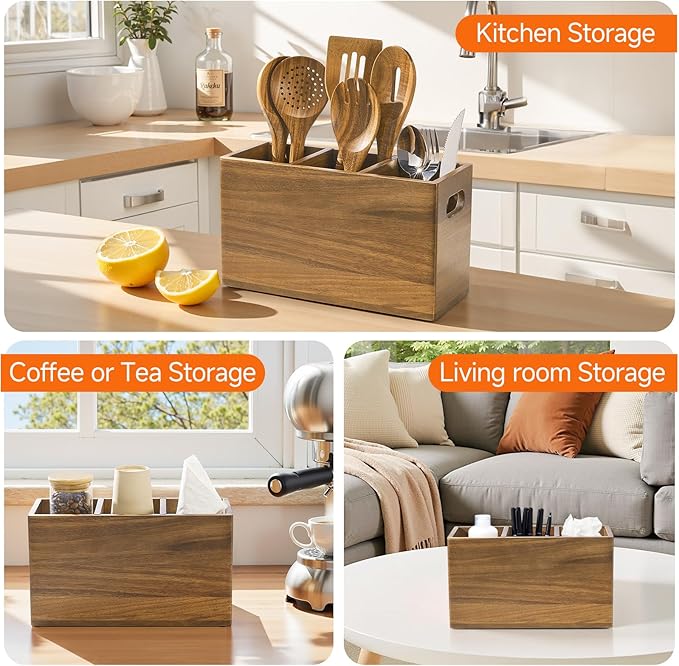 ONEARF Wooden Utensil Holder Counter, Kitchen Utensil Organizer Large 3 Compartment Cooking Utensils Holder, Acacia Rustic Wood Farmhouse Storage Container Crocks for Silverware and Cooker Set