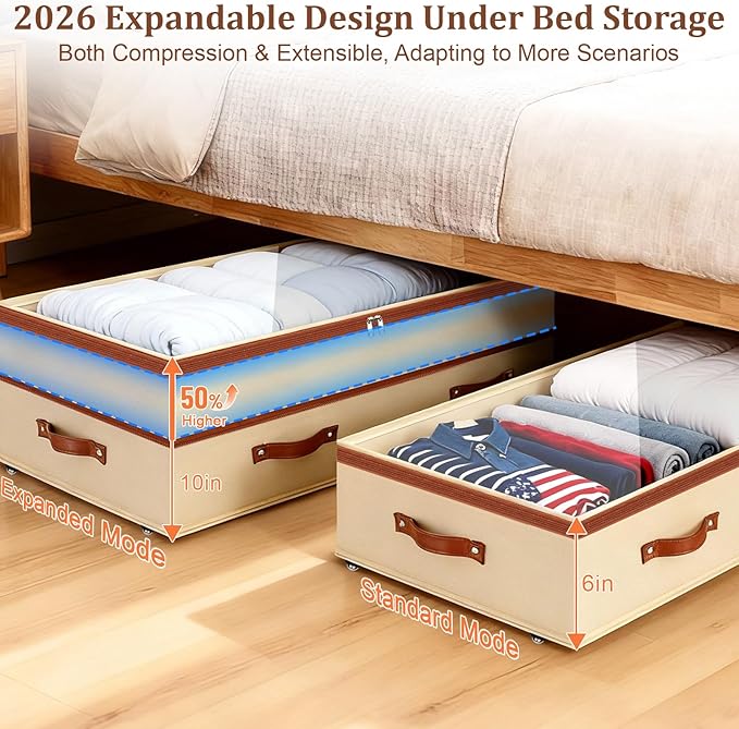 Dolicer 4 Pack Under Bed Storage with Wheels, 6in-10in Height Adjustable Underbed Storage Containers, 92L XXXL Under Bed Drawers Rolling Bin with Clear Lids for Dorm Shoes Clothes Organizers(Beige)