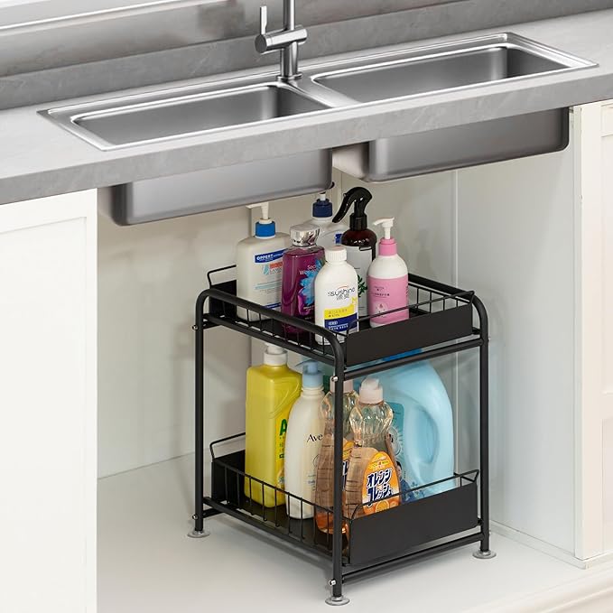 Basicwise Under Sink Organizer Sliding Wire Baskets Adjustable 2-Tier Metal Storage Rack for Bathroom Kitchen or Utility Cabinets Pull-Out Shelf for Toiletries Cleaning Supplies & Pantry Essentials