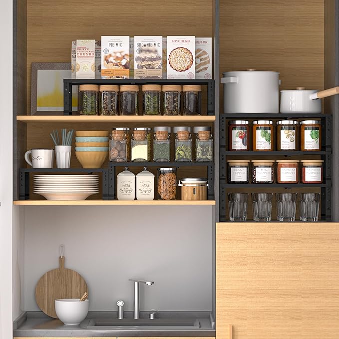 Wobmmi Expandable,Adjustable & Stackable Spice Rack, Cabinet Kitchen Countertop Shelf Organizer,Metal Pantry Storage Shelves - Space-Saving Storage Solution(1Pack/Black/Medium)