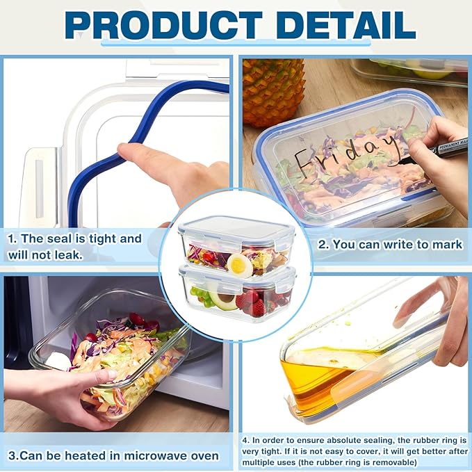 4 Set 8 Cup Large Glass Storage Containers Airtight 63 oz Food Bento Boxes Sets with Lids Kitchen Storage Containers Glass Cookie