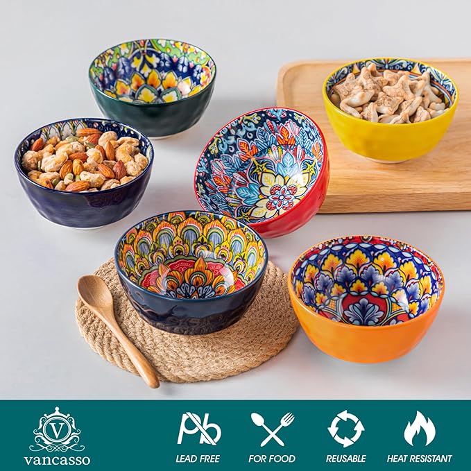 vancasso 12 Oz Ceramic Small Soup Bowls Set of 6, 4.7 inch Soup Bowls, Colorful Bowls Set for Kitchen, Dishwasher & Microwave Safe- for Cereal, Soup, Oatmeal, Ice Cream, etc