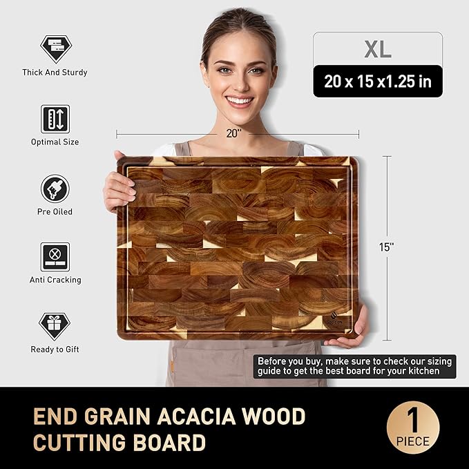 Extra Large End Grain Cutting Board for Kitchen with Non-slip Feet, Acacia Wood Heavy Duty Checkered Cutting Board Handcrafted Luxury Chopping Board for Cheese and Vegetables Housewarming Gift