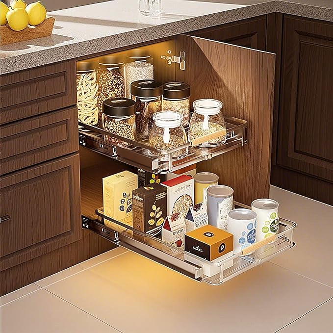 taiheis 2 Pack Expandable Pull Out Cabinet Organizer，Side Mounting 12.3~18.5"x22.5"Cabinet Pull Out Shelves, Expandable Slide Out Spice Rack for Kitchen Bathroom Office