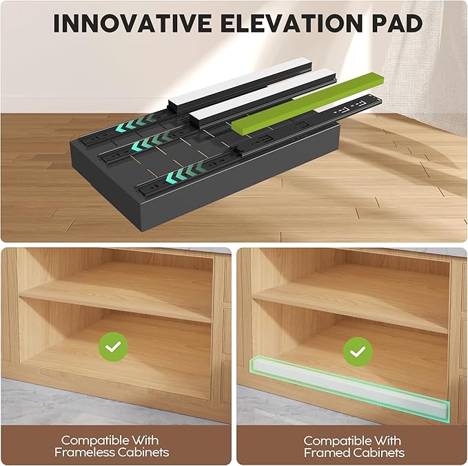 4 Pack Pull Out Cabinet Organizers 21" Deep With Raising Pad for Framed Cabinets, Expandable Width (9"-14") Slide Out Drawers Upgrade 3 Slide Rails, Roll Out Shelves Adhesive, Black