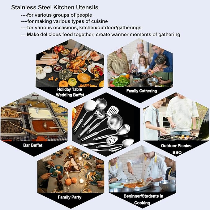 NIITAWH 18/10 Stainless Steel Kitchen Utensils, 9 PCS Metal Cooking Utensils Set 15", Solid and Slotted Spoon, Fork, Spatula, Ladle, Skimmer, Slotted Spatula Tunner, Spaghetti Large Spoon
