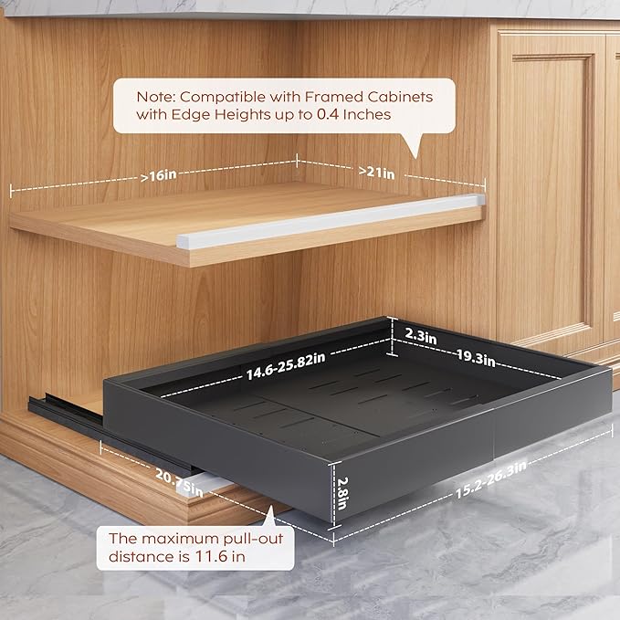 2 Pack Pull Out Cabinet Organizers 21" Deep With Raising Pad for Framed Cabinets, Expandable Width (15.2"-26.3") Slide Out Drawers Upgrade 3 Slide Rails, Roll Out Shelves Adhesive, Black