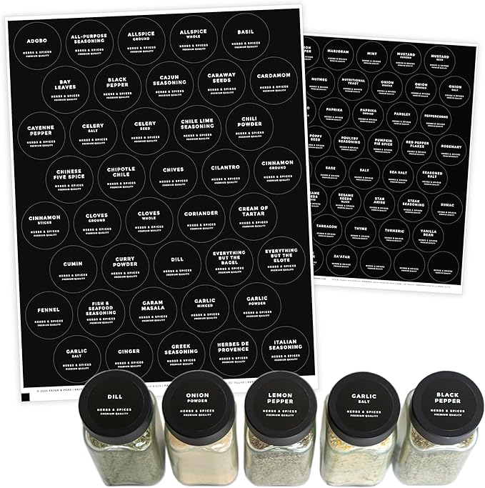 Modern Style Round Black Spice Labels Stickers Preprinted Waterproof by Paper & Pear - Oil Resistant Kitchen Pantry Labels for Home Improvement - 1.35 Inches Pantry Stickers - Set of 80 (No Jars)