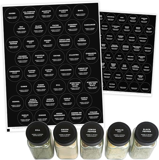 Modern Style Round Black Spice Labels Stickers Preprinted Waterproof by Paper & Pear - Oil Resistant Kitchen Pantry Labels for Home Improvement - 1.35 Inches Pantry Stickers - Set of 80 (No Jars)
