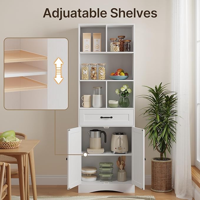 Gizoon Storage Cabinet, 71'' H Bathroom Storage Cabinet with Doors & Drawers, Kitchen Pantry with Adjustable Shelves, Anti-tip, Metal Handle, for Living Room, Office, Bathroom, White