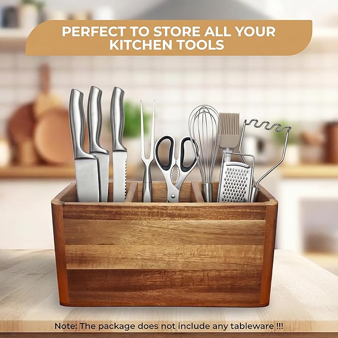 Dstuff Large Kitchen Utensil Holder Organizer for Counter or Countertop, Large Wooden Utensil Holder for Storage Cooking and Silverware with 3 Compartment, Acacia Rustic Wood Container Extra Large