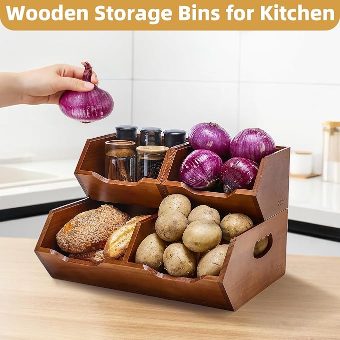 Wood Pantry Storage Bins, Stackable Large Capacity Potato and Onion Storage Baskets, Kitchen Pantry Organizers for Vegetables, Bread, Spices (Set of 3)