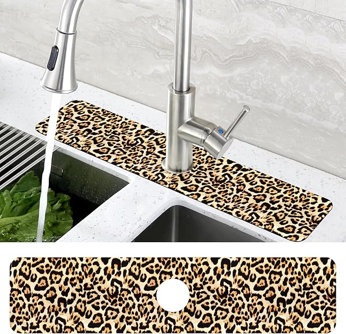 Abstract Brown Leopard Dish Drying Mat for Kitchen Sink Splash Guard Behind Faucet Sink Mat Absorbent Fast Drying Faucet Draining Mat for Bathroom Kitchen 5.5"×24"
