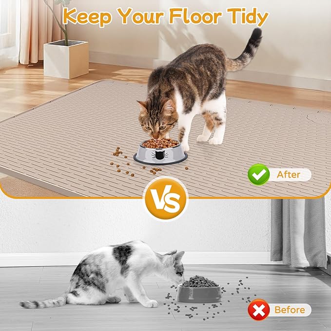 Lanstics Cat Food Mat, 40" x 28" Large Silicone Mat Cat Feeding Mat with Raised Edge Non-Slip Pet Feeding Mat for Food and Water Bowl, Easy to Clean, Floor Protection (Khaki)