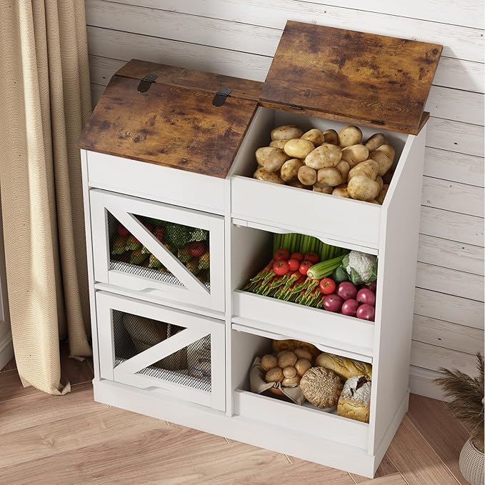 Potato Storage Bin Bread Box with Lid,Rustic Onion&Fruit Organizer with Wood Hidden Door,Farmhouse Grocery Section Decorative,Vegetable Organization Cabinet W/Mesh Door for Kitchen Dining Room(White)