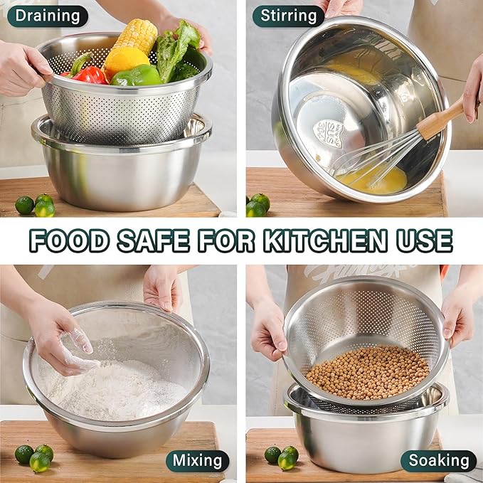 POPGRADE 304 Stainless Steel Colander 4QT Microporous Colander & Large Bowl for Kitchen,Rice Strainer with Salad Mixing Bowl for Pasta Straining,Fruit Washing,Vegetable Draining,Food Mixing(2PCs)