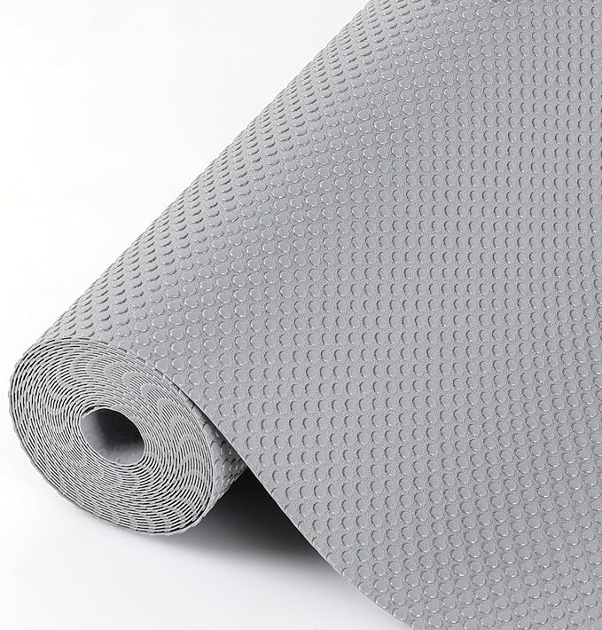 Hersvin Shelf Liners, 18in x 20ft Kitchen Drawer Mats, Non-Adhesive EVA Cupboard Protector, Cabinet Lining (Light Gray/Dot)