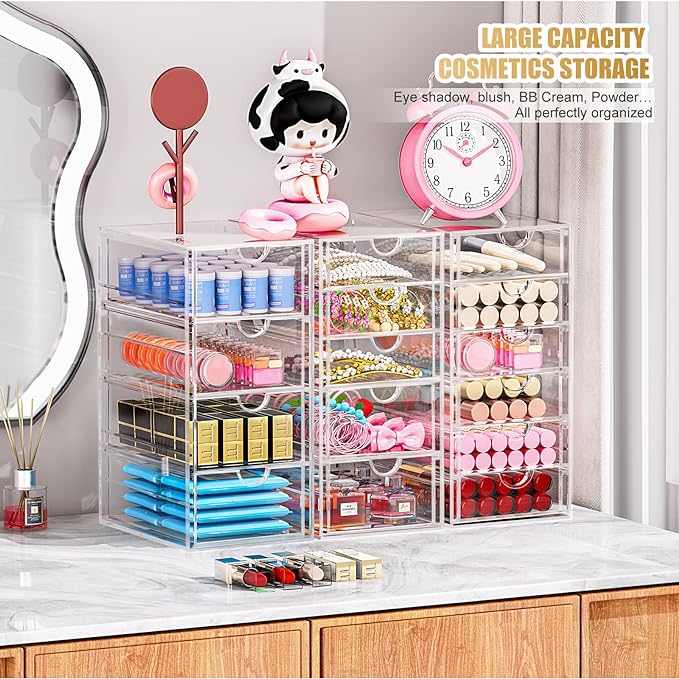 Acrylic 3 Pack Desk Organizers and Accessories, Makeup Organizer Storage With 15 Drawers, Desk Organizers, Dustproof Drawer Organizer and Storage for Make Up, Jewelry, DIY Pen
