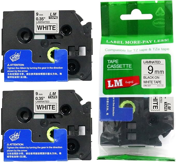 2/Pack LM Tapes - LMe221 Premium 3/8" Black Print on White Label Compatible with P-Touch TZe221 Tape and Includes Tape Color/Size Guide. Replaces Ptouch TZ221 9mm 0.35 Laminated.