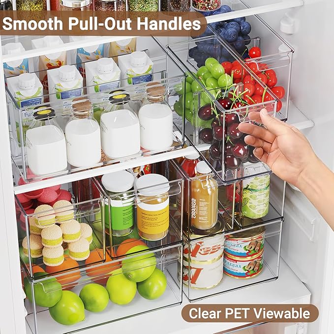 Clear Plastic Storage Bins with Dividers for Kitchen Pantry Organization, 6 Pack Thicken Stackable Storage Container Boxes for Refrigerator Cabinets Vanity Organizers and Storage, C6-3