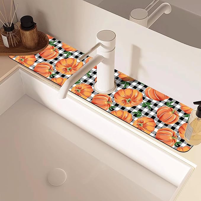 Thanksgiving Pumpkin Kitchen Sink Splash Guard Mat Buffalo Plaid Absorbent Fast Drying Mat Faucet Draining Mat Sink Splash Guard Behind Faucet Drip Catcher for Kitchen Bathroom 5.5"×24"