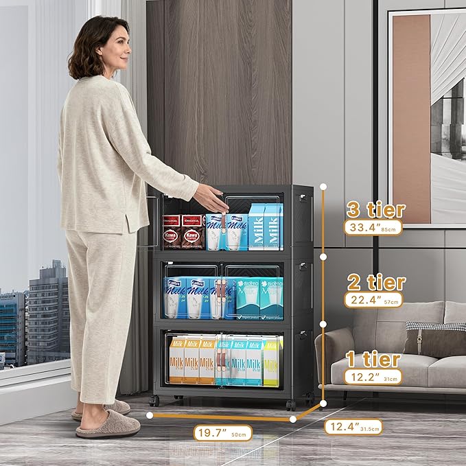 Extra Large Stackable Storage Bins with Lids & Wheels & Door, 312QT-52QT/13GAL*6Pack Foldable Collapsible Closet Organizers, Plastic containers drawers for bedroom Dorm