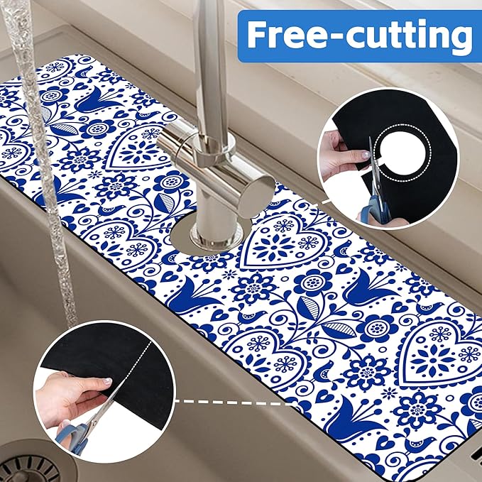 Vintage Bird Heart Floral Dish Drying Mat for Kitchen Sink Navy Blue Sink Splash Guard Faucet Mat Draining Mat Fast Drying Sink Protectors for Kitchen and Bathroom 5.5"×24"