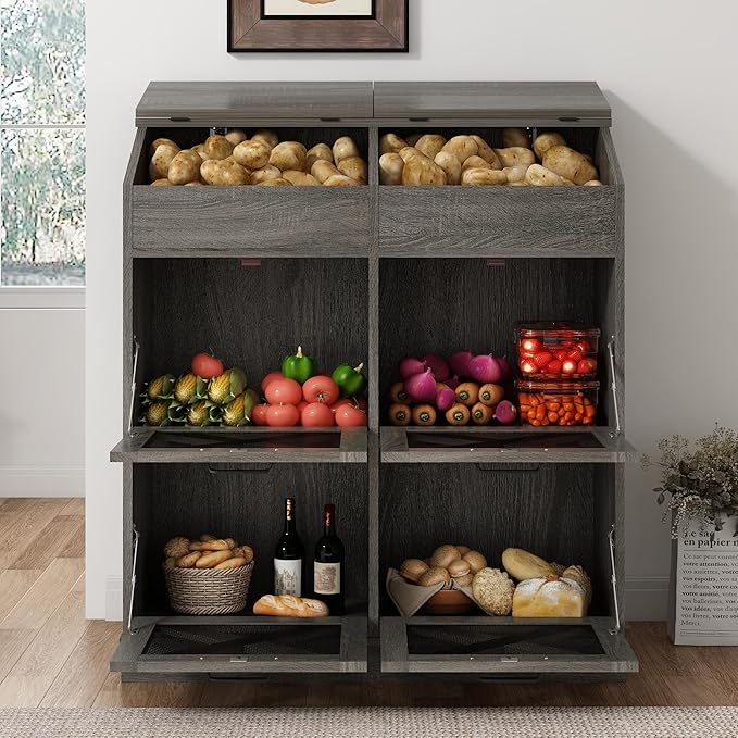 Large Wood Bread Box for Potato,Onion.Veggie Bin W/6 Large Storage Box.Root Vegetable Storage Box For Kitchen,Farmhouse Potato Storage Bin W/4 Mesh Doors,Bread Keeper for Toast,Bagel,Donut,Cookies