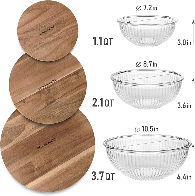 dokaworld Set of 3 Stackable Space-Saving Nesting Glass Salad Bowls with Acacia Lids for Foodprep, Storage, Baking, Mixing & Cooking - Microwave Safe Durable Inert Borosilicate Glass