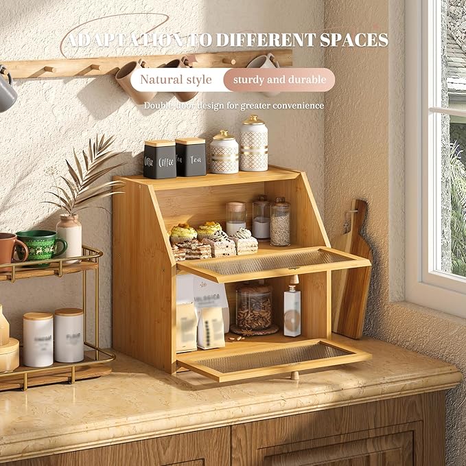 STDDRE Bread Box for Kitchen Countertop Bin Double Layer Bread Box Storage Container Extra Large Capacity with Diamond Pattern Windows (Natural, Extra Large)