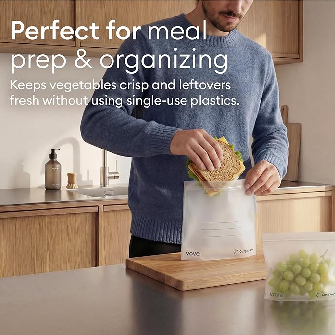 Vove Compostable Quart Bags 30 Ct – PFAS-Free, BPI Certified, Freezer Safe with Airtight Seal for Leftovers & Meal Prep, Plant-Based